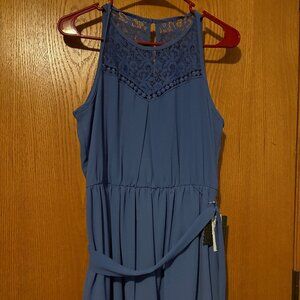 Periwinkle Sleeveless Flowy Midi-Dress with Lace Shoulders